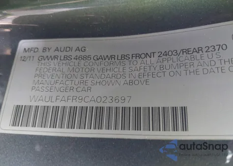 2012 Audi A5 2.0T Premium from USA, damaged, VIN WAULFAFR9CA023697